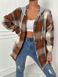 Thumbnail for Plaid Drawstring Hooded Jacket - T - 1 COLOR -