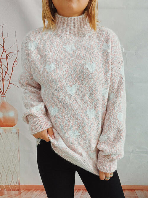 Heart Heathered Turtleneck Drop Shoulder Sweater - 1 OVERSIZE - T - 4 COLORS -