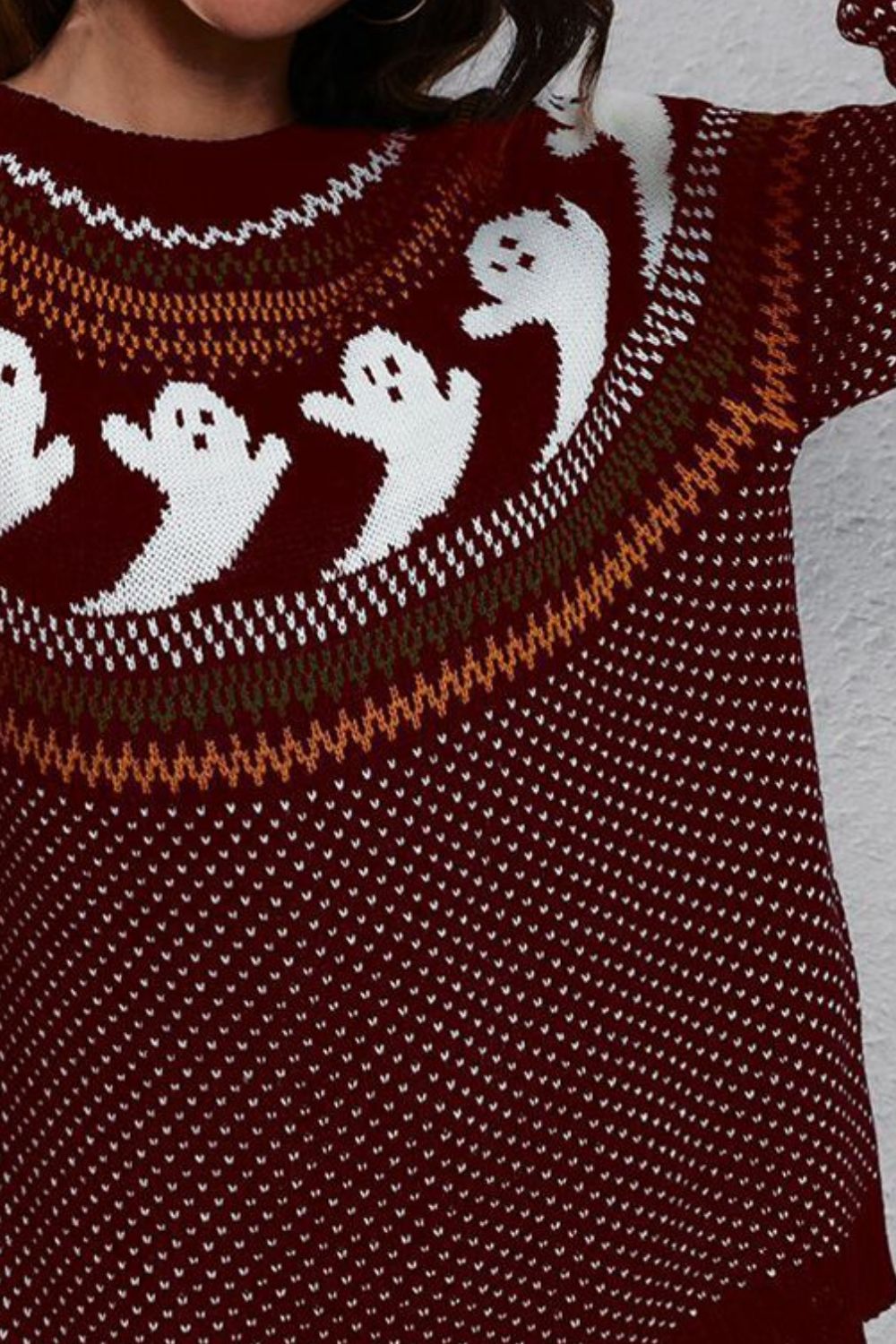 Ghost Pattern Round Neck Long Sleeve Sweater - T - 7 COLORS -