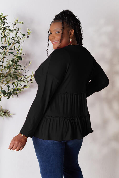 Double Take Half Button Long Sleeve Ruffle Hem Blouse - SIZES S THRU 3XL - T - 7 COLORS -