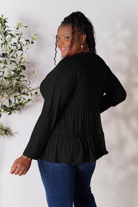 Thumbnail for Double Take Half Button Long Sleeve Ruffle Hem Blouse - SIZES S THRU 3XL - T - 7 COLORS -