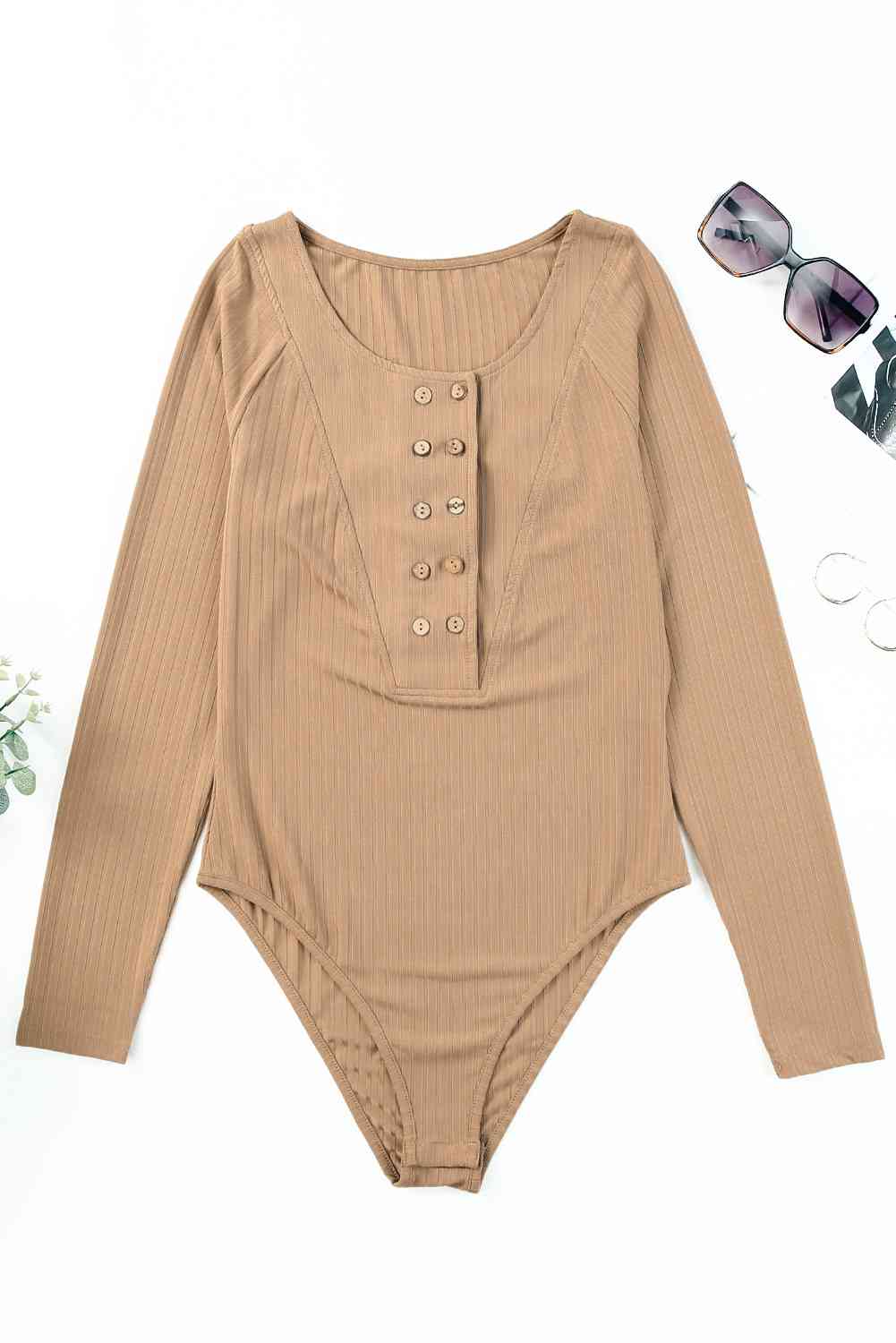 Ribbed Buttoned Long Sleeve Bodysuit - T - 1 COLOR -