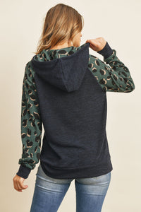 Thumbnail for Riah Fashion - Self Tie Leopard Contrast Kangaroo Pocket Hoodie - 2 COLORS -