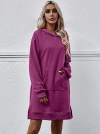 Thumbnail for Slit Long Sleeve Hooded Dress with Pocket - T - 9 COLORS -