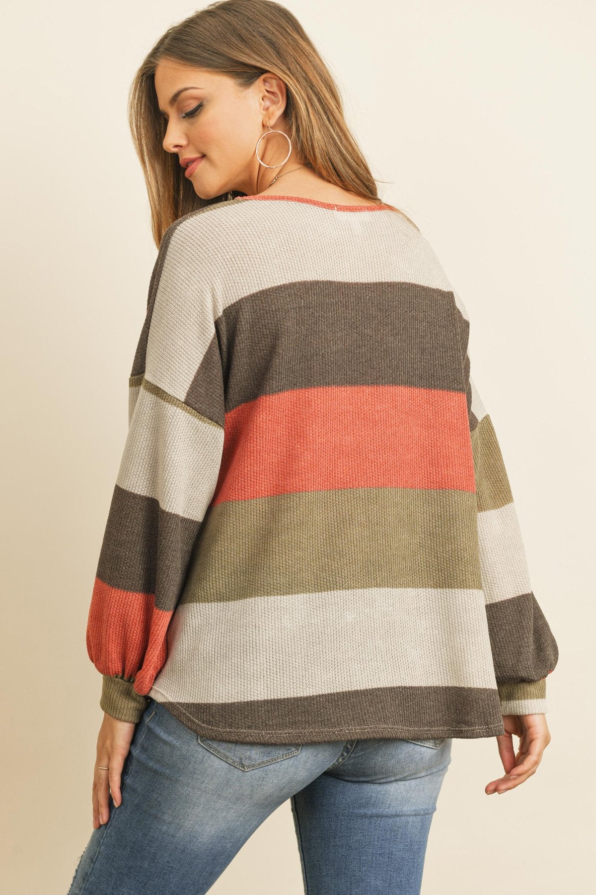 Riah Fashion - Rib Multicolor Stripes V-Neck Puff Sleeves Top - 3 COLORS -