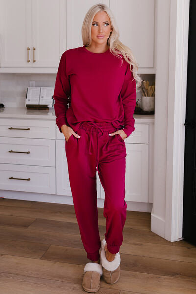 Round Neck Top and Drawstring Pants Lounge Set - 2 PCS. - T - 4 COLORS -