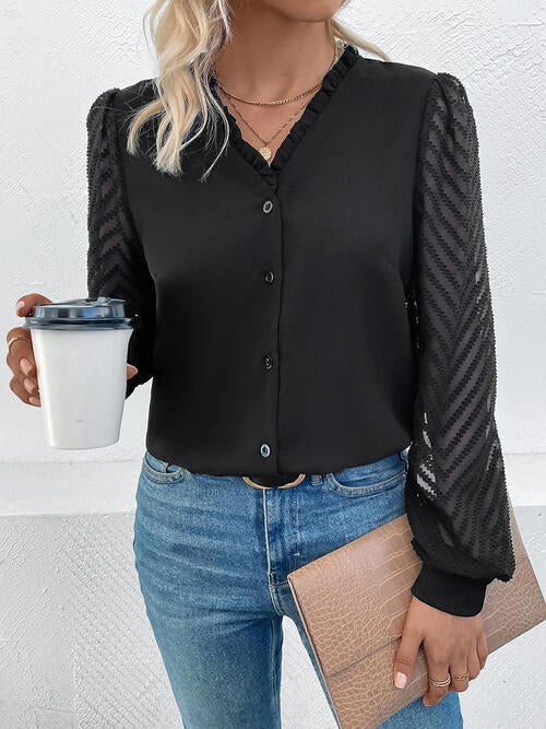 Mesh V-Neck Button Front Blouse - T - 1 COLOR -