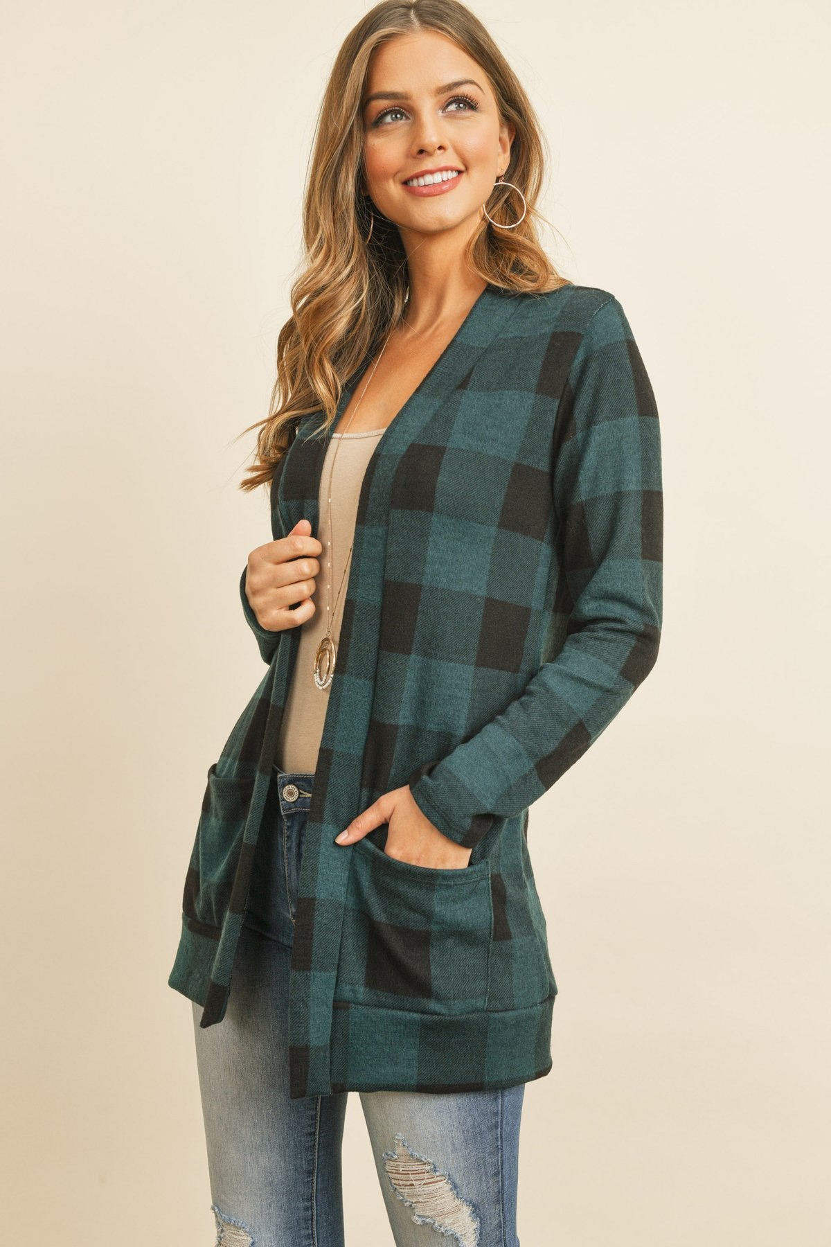 Riah Fashion - Plaid Long Sleeved Front Pocket Open Cardigan - 3 COLORS -