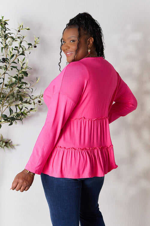 Double Take Half Button Long Sleeve Ruffle Hem Blouse - SIZES S THRU 3XL - T - 7 COLORS -