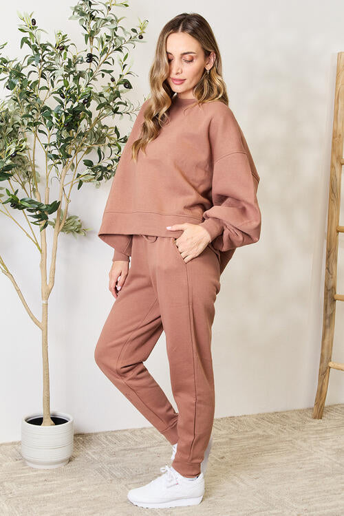 Zenana Lantern Sleeve Sweatshirt and Drawstring Sweatpants Set - 2 PCS. - T - 1 COLOR -