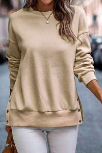 Thumbnail for Snap Detail Round Neck Dropped Shoulder Sweatshirt - T - 10 COLORS -