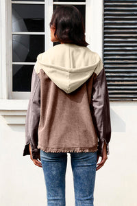 Thumbnail for Contrast Drawstring Snap Down Raw Hem Hooded Jacket - T - 5 COLORS -