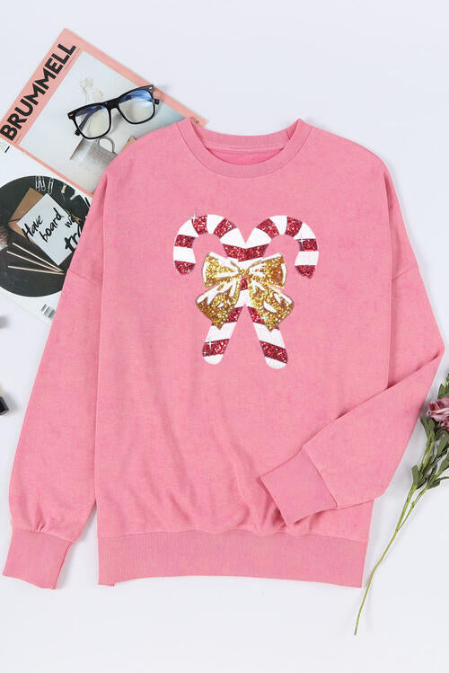 Sequin Candy Cane Round Neck Slit Sweatshirt - T - 2 COLORS -