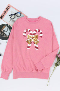 Thumbnail for Sequin Candy Cane Round Neck Slit Sweatshirt - T - 2 COLORS -