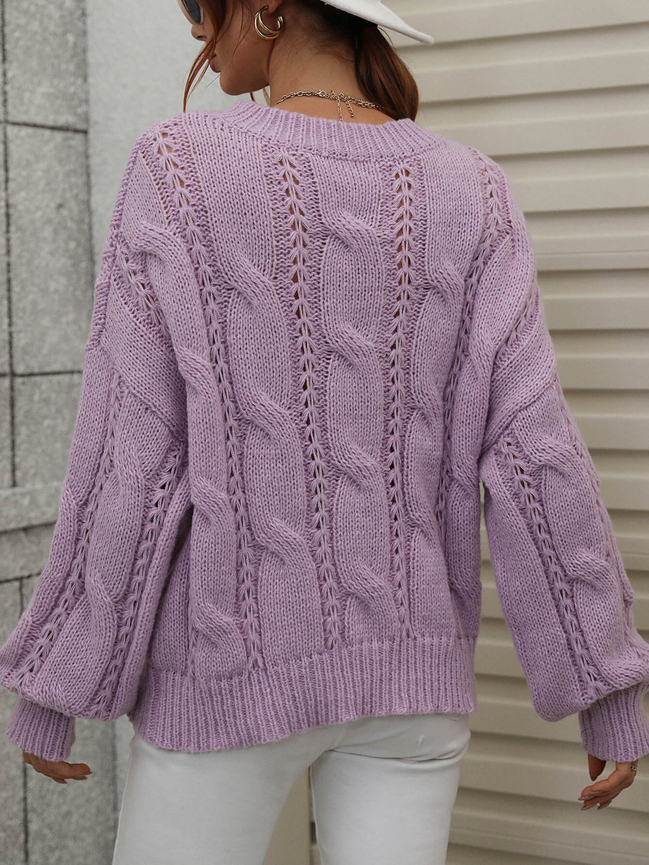 Woven Right Cable-Knit Openwork Round Neck Sweater - T - 6 COLORS -