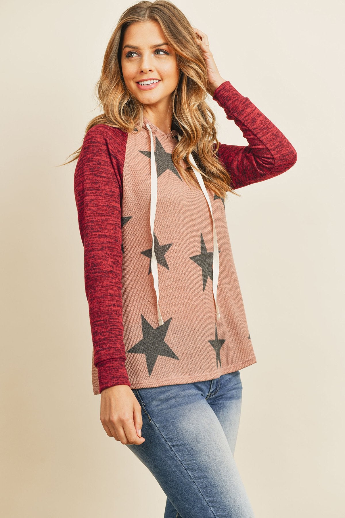 Riah Fashion - Brushed Hacci Sleeve Rib Detail Star Print Hoodie With Drawstring - 3 COLORS -