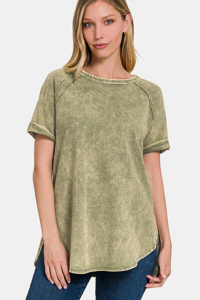 Zenana Heathered Round Neck Short Sleeve Blouse Tee - T - 1 COLOR -