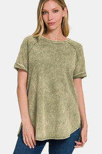 Thumbnail for Zenana Heathered Round Neck Short Sleeve Blouse Tee - T - 1 COLOR -