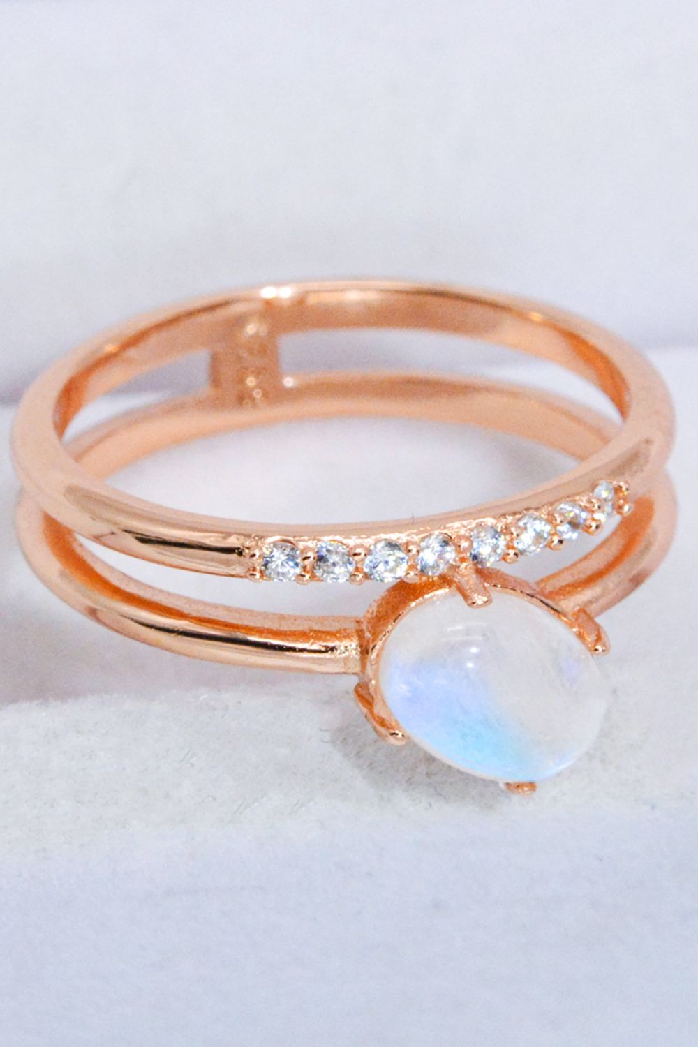 Natural Moonstone and Zircon Double-Layered Ring - T - SIZES 6 THRU 9 - 2 FINISHES -