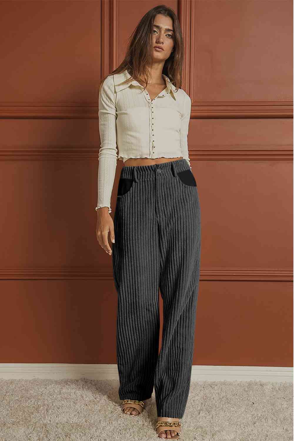 Ribbed Longline Pocketed Pants - T - 1 COLOR -