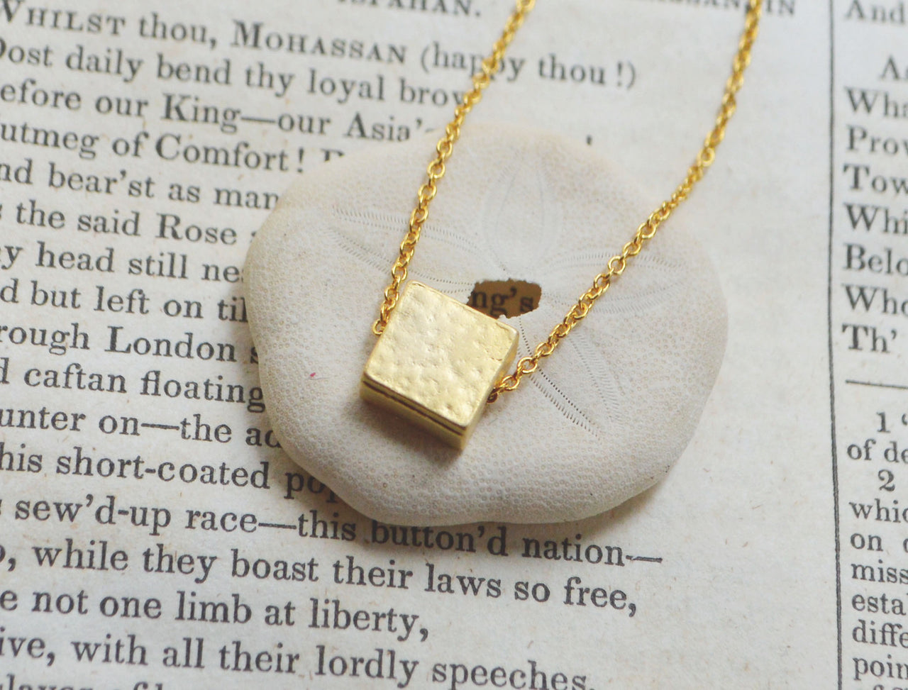 White Gold Hammered Square Necklace -