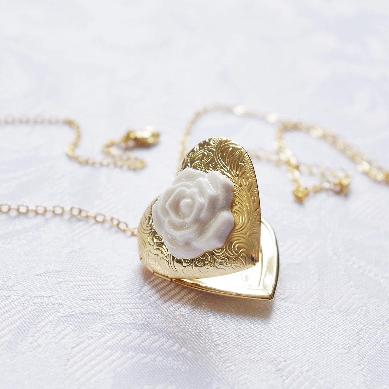 Classic Heart Locket With Porcelain Rose Pendant Necklace -