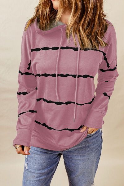 Drawstring Striped Dropped Shoulder Hoodie - T - 2 COLORS -