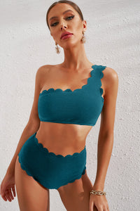 Thumbnail for Scalloped Trim One-Shoulder Bikini Set - T - 5 COLORS -