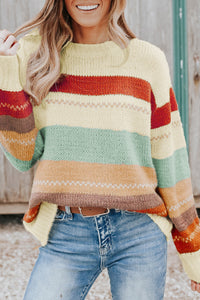 Thumbnail for Threaded Pear - Morgan Crew Neck Drop-Shoulder Striped Sweater - 1 COLOR -