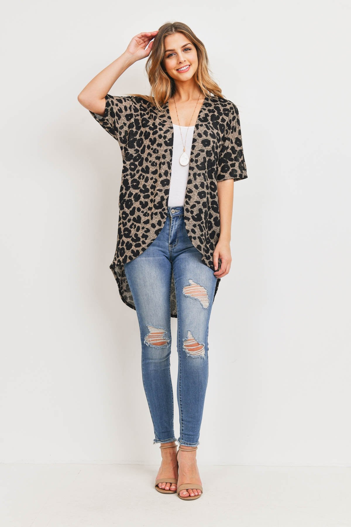 Riah Fashion - Leopard Short Sleeves Open Front Hi-Low Cardigan - 3 COLORS -