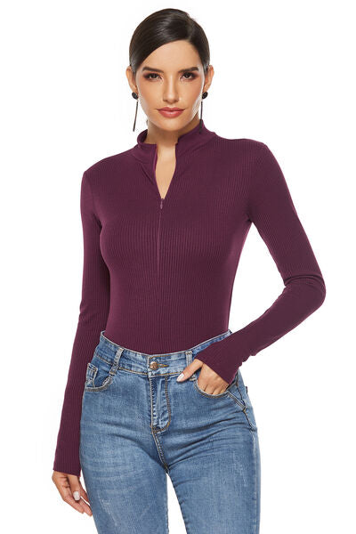 Full Size Ribbed Half Zip Long Sleeve Bodysuit - T - 4 COLORS -