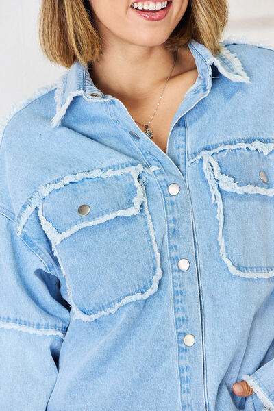 PEACE Raw Hem Dropped Shoulder Denim Top - T - 2 COLORS -