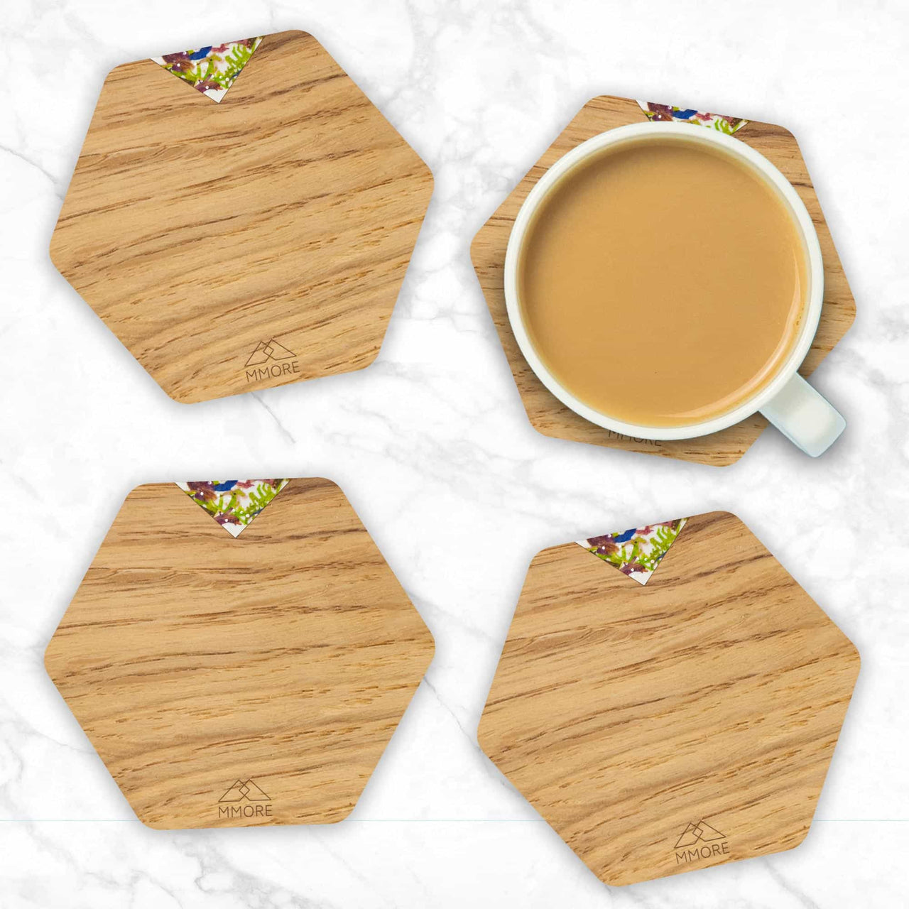 MMORE - Wooden Coasters - Oak / Set of 4 Coasters - 10 THUMB HANDLE COLORS -