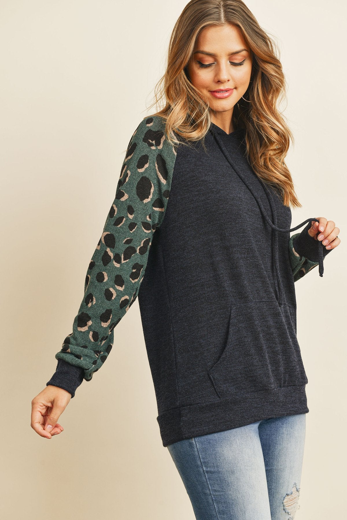 Riah Fashion - Self Tie Leopard Contrast Kangaroo Pocket Hoodie - 2 COLORS -