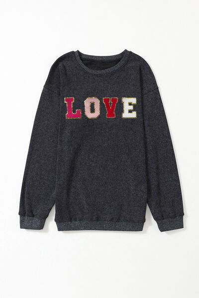 LOVE Round Neck Dropped Shoulder Sweatshirt - T - 1 COLOR -