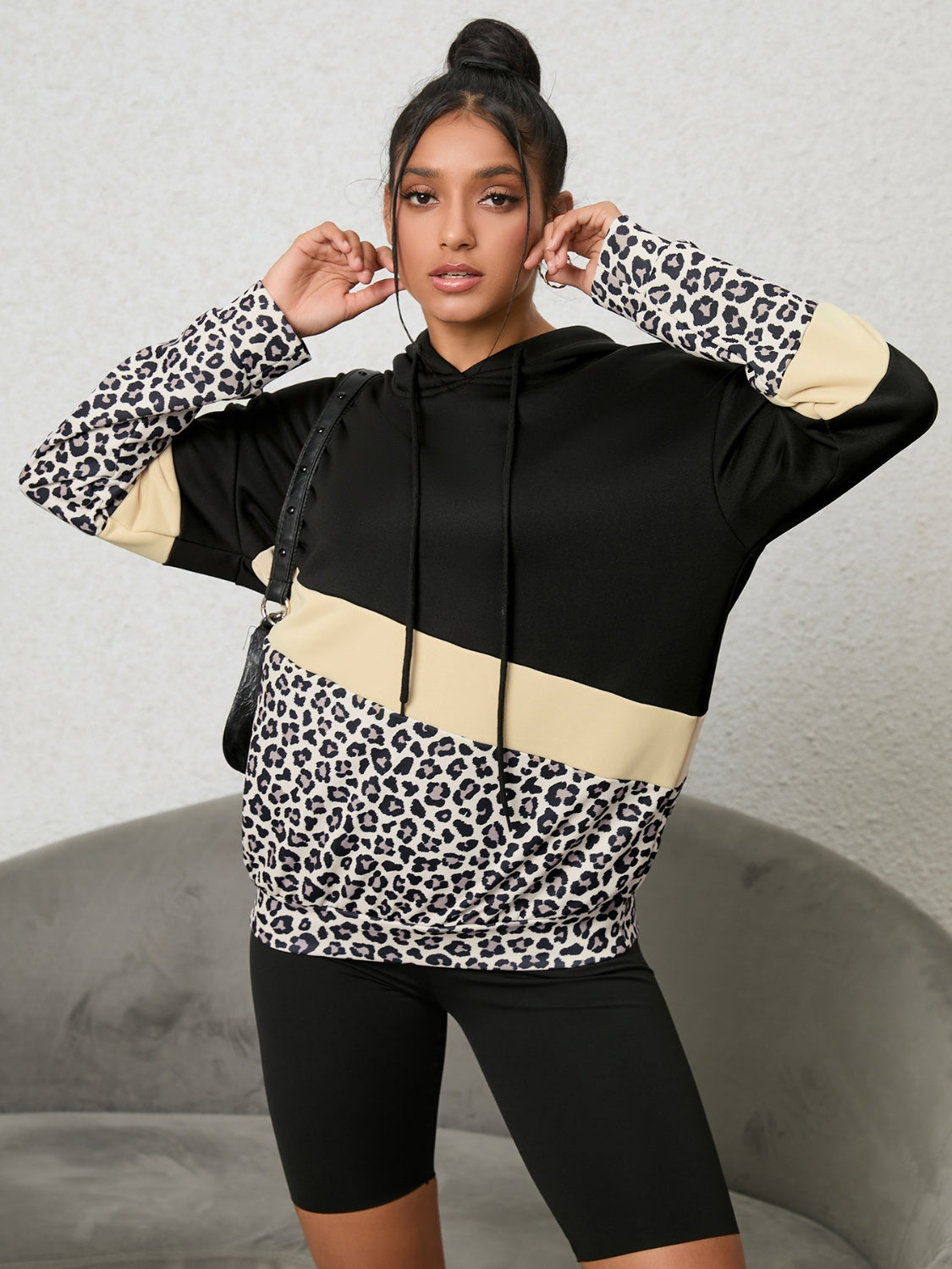 Leopard Color Block Hoodie - T - 1 COLOR -