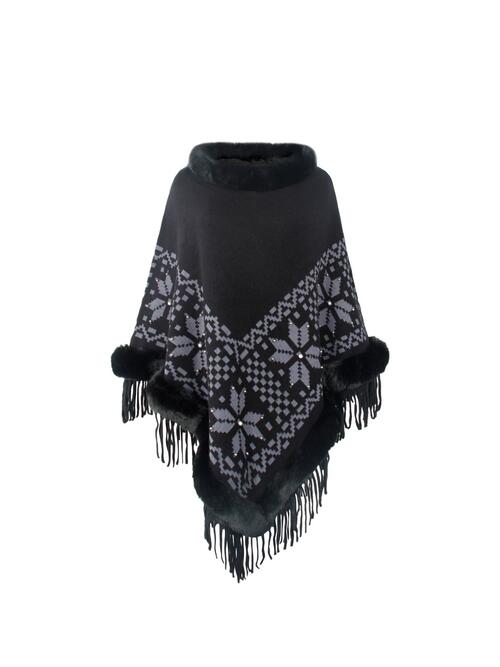 Fringe Geometric Cape Sleeve Poncho - 1 SIZE FIT - T - 6 COLORS -