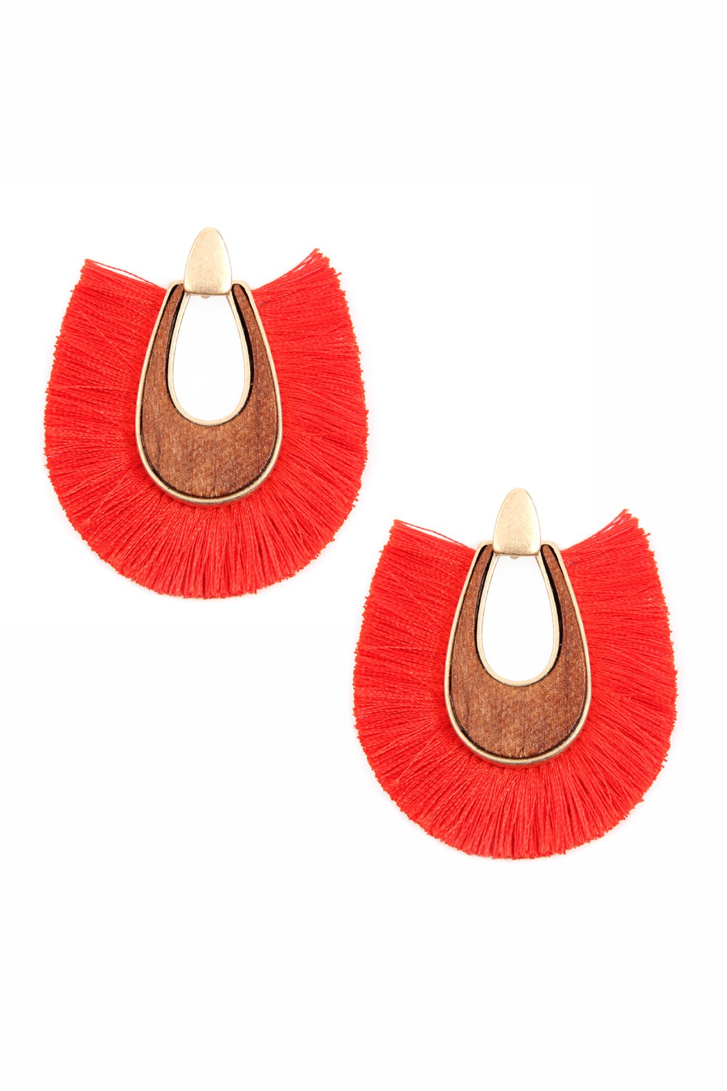 Wood With Thread Tassel Post Earrings - 11 COLORS -