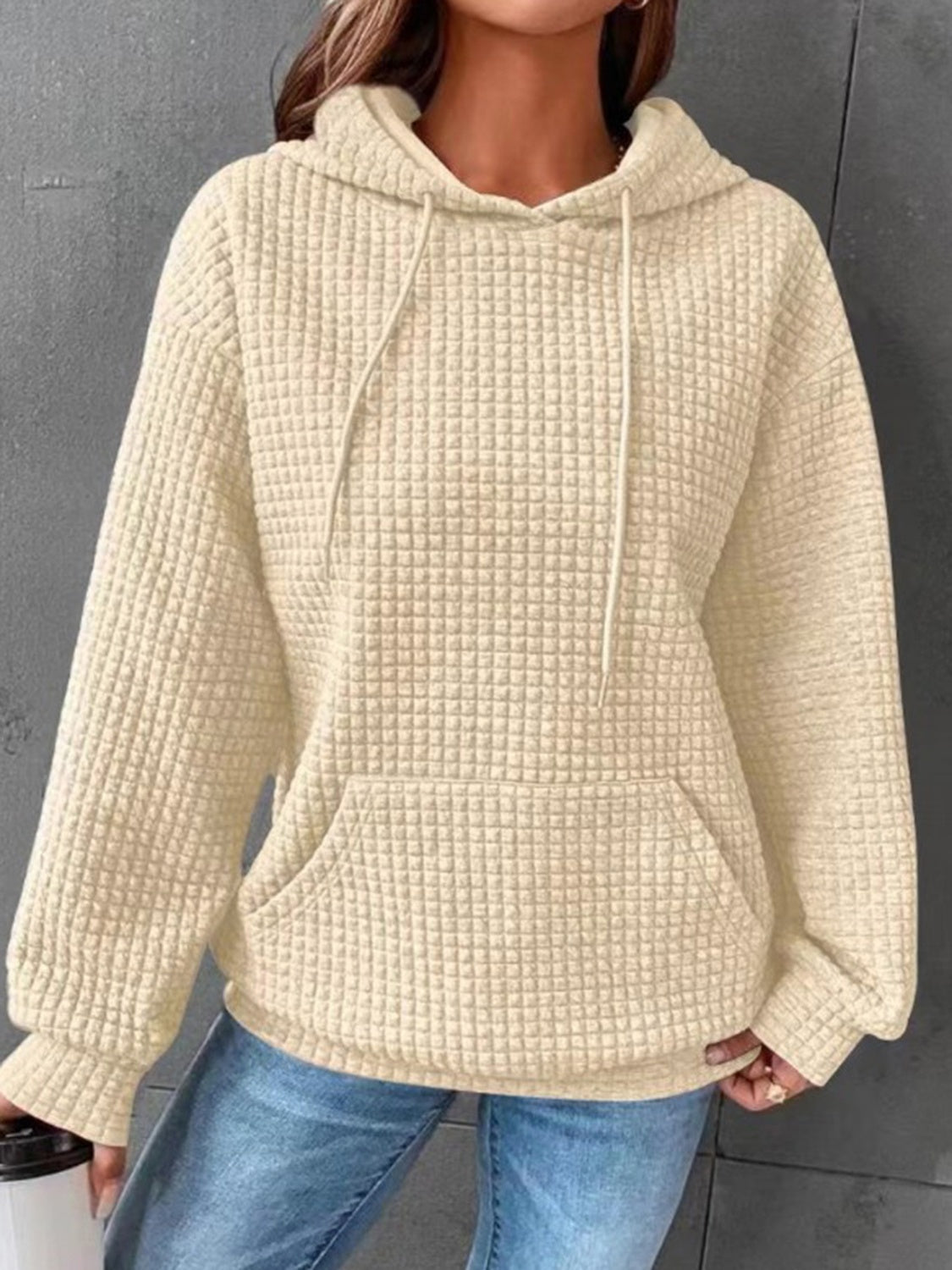 Textured Drawstring Drop Shoulder Hoodie - T - 10 COLORS -