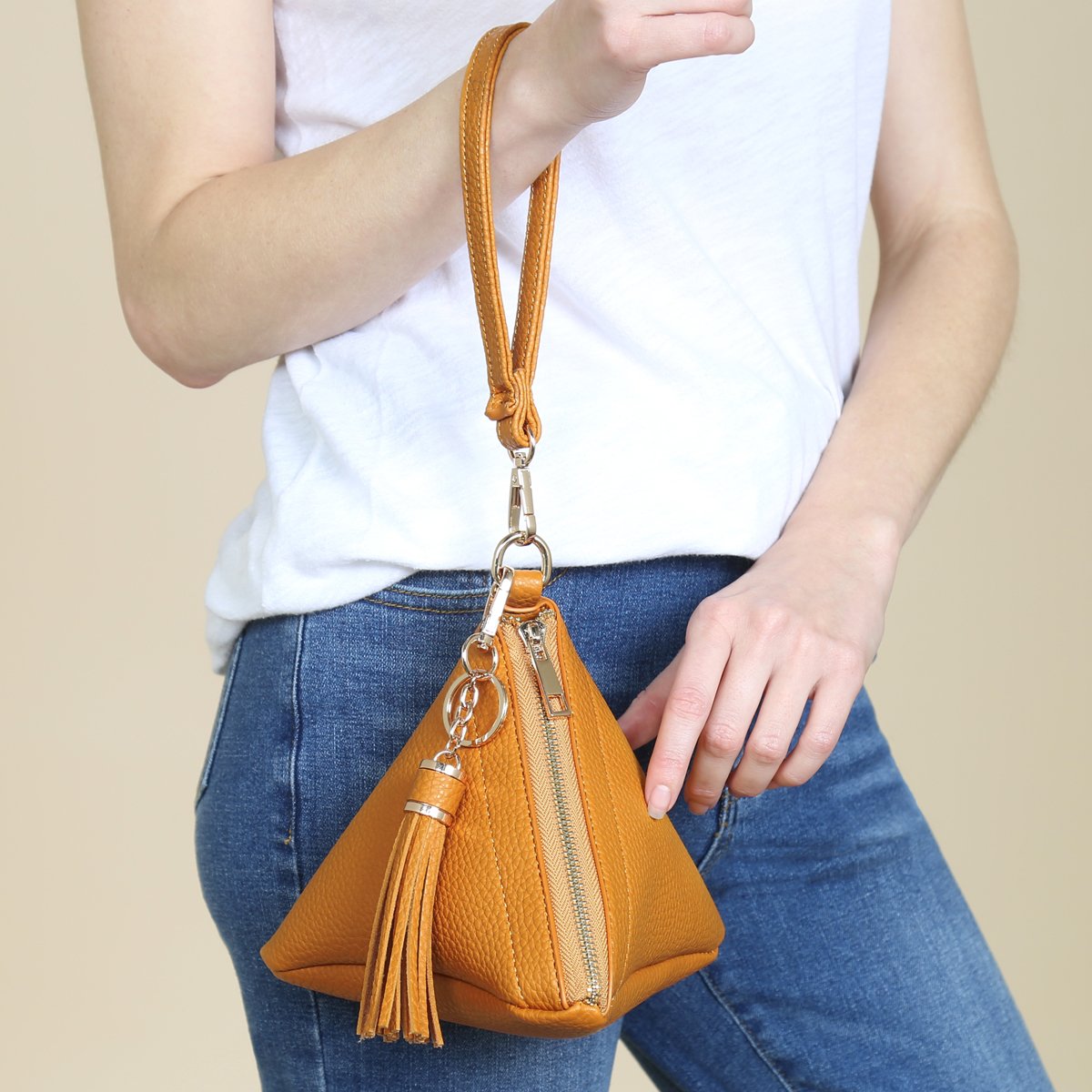 Riah Fashion - Pyramid Shape Tassel Wristlet Leather Bag - 15 COLORS -