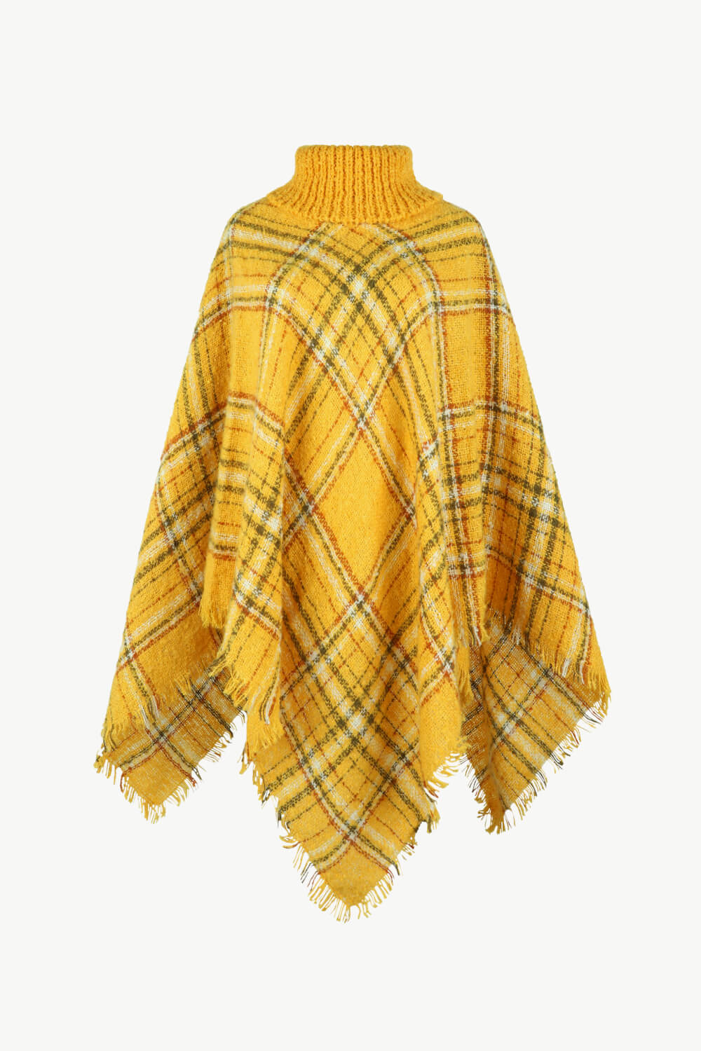 Plaid Turtleneck Fringe Hem Poncho - T - 6 COLORS -