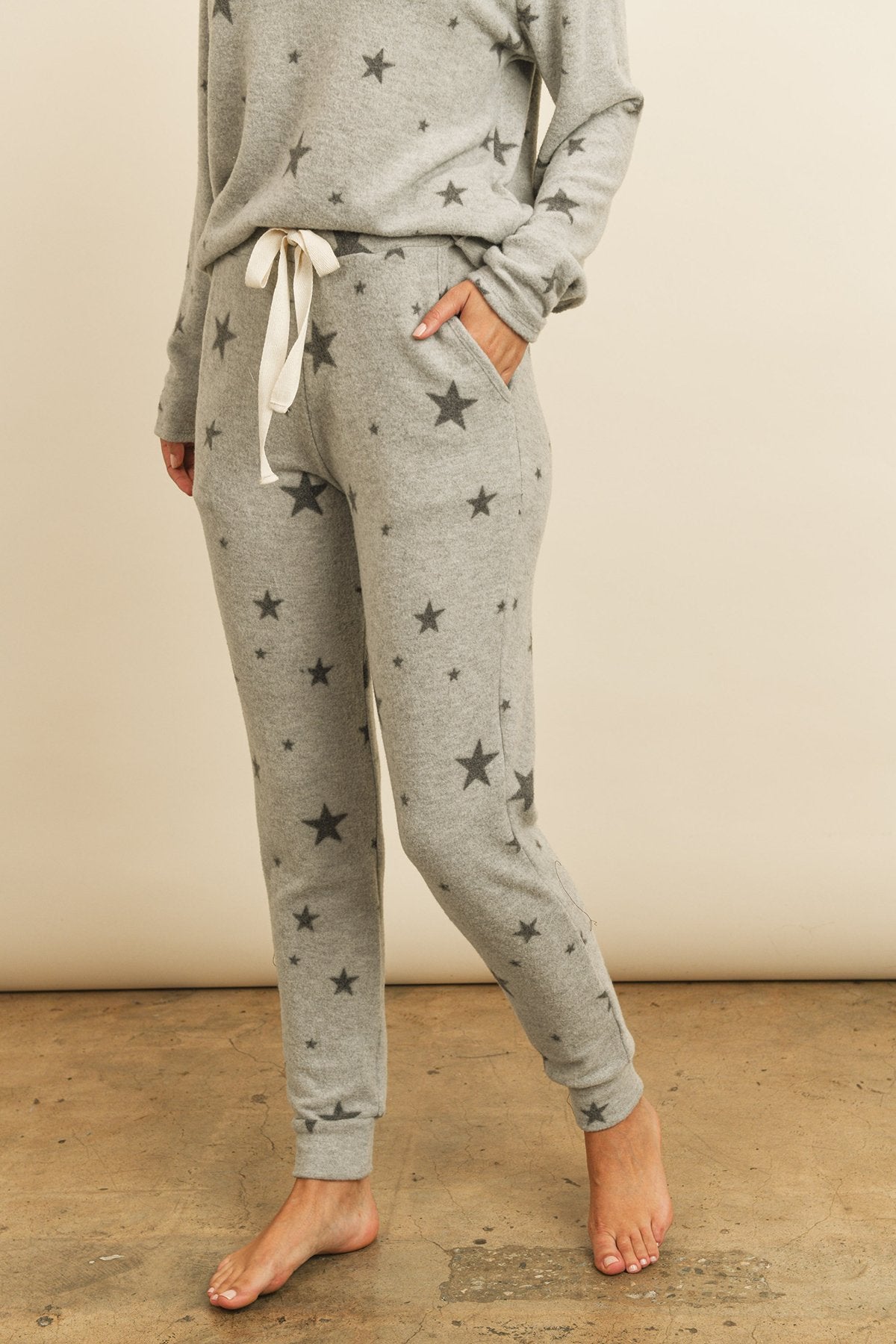 Riah Fashion - Star Print Brushed Top and Joggers Set With Self Tie - 2 PCS - 1 COLOR