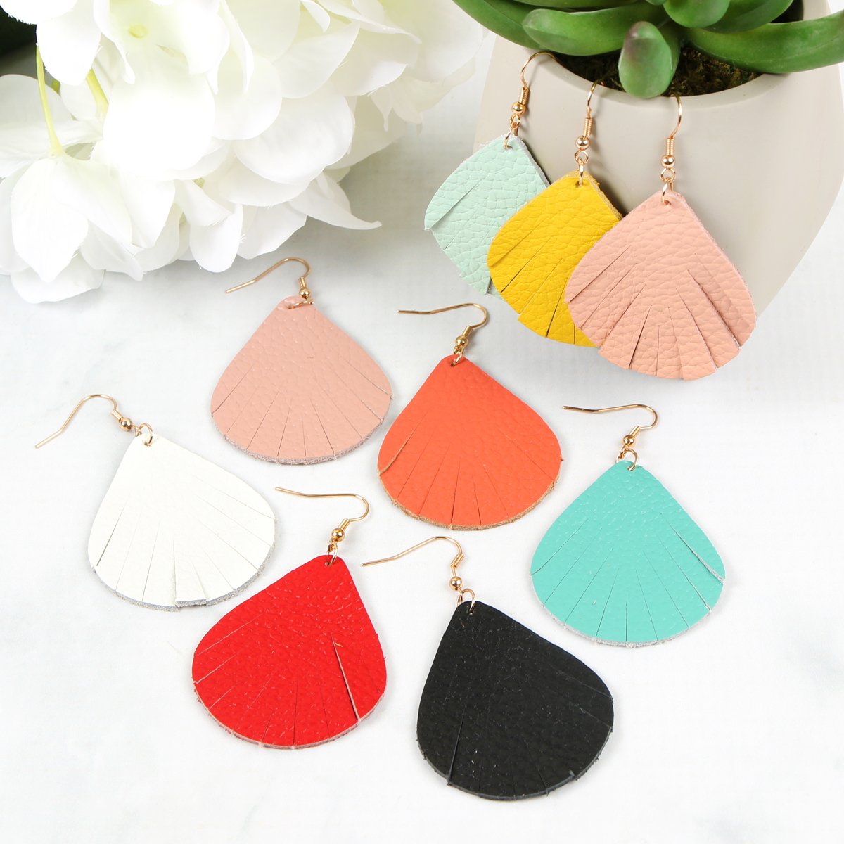 Fringed Pear Shaped Leather Earrings - 10 COLORS