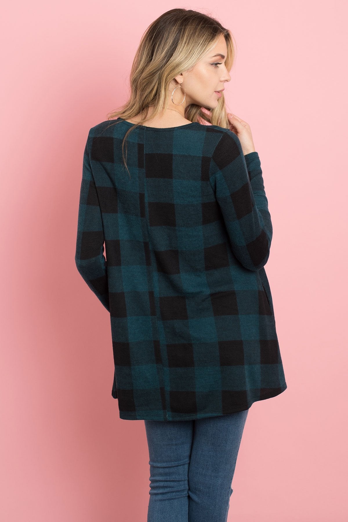 Riah Fashion - Plaid Long Sleeves A-Line Top - 4 COLORS -