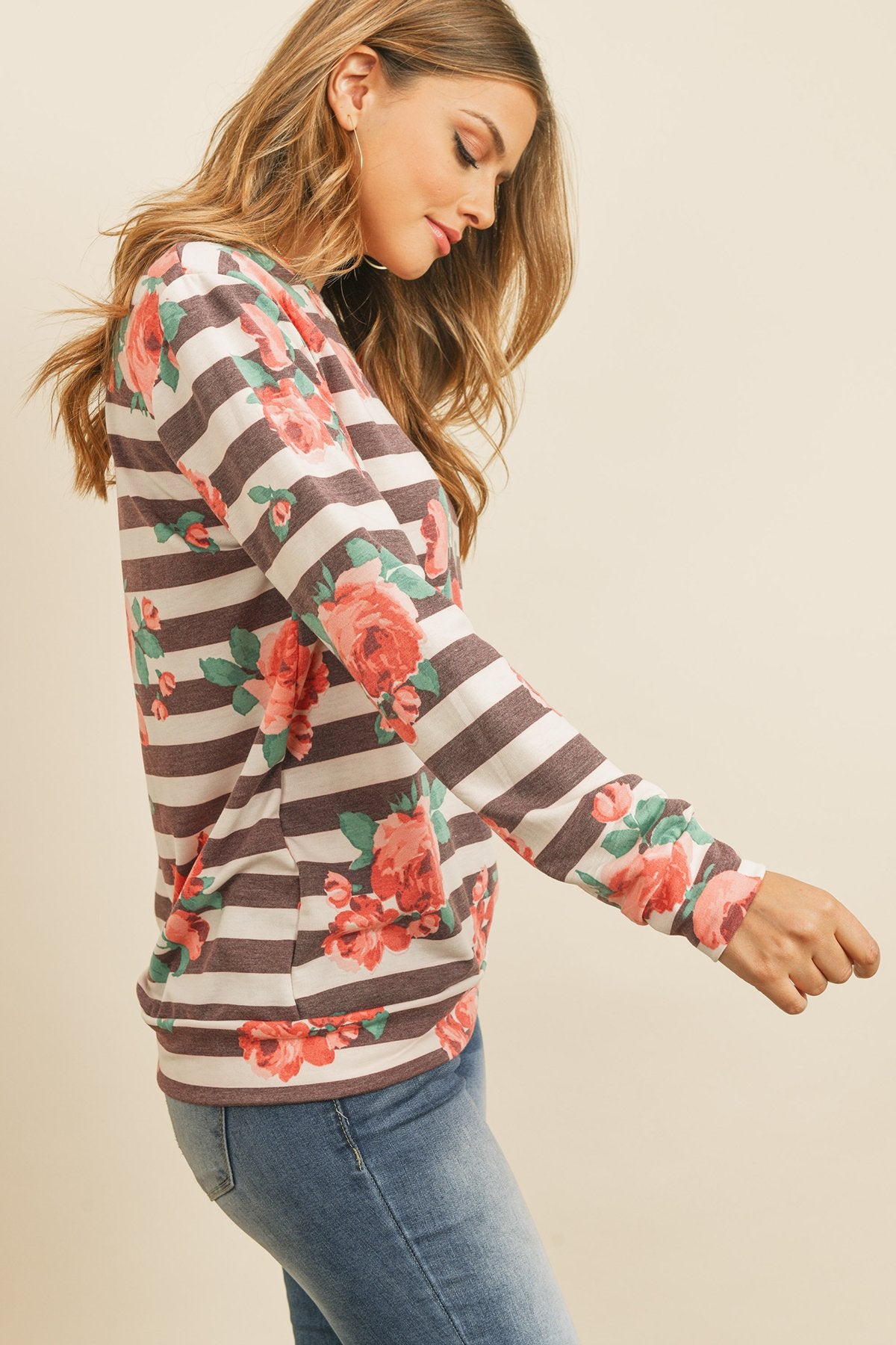 Riah Fashion - Round Neck Floral Striped Pullover - 1 COLOR -