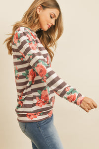 Thumbnail for Riah Fashion - Round Neck Floral Striped Pullover - 1 COLOR -