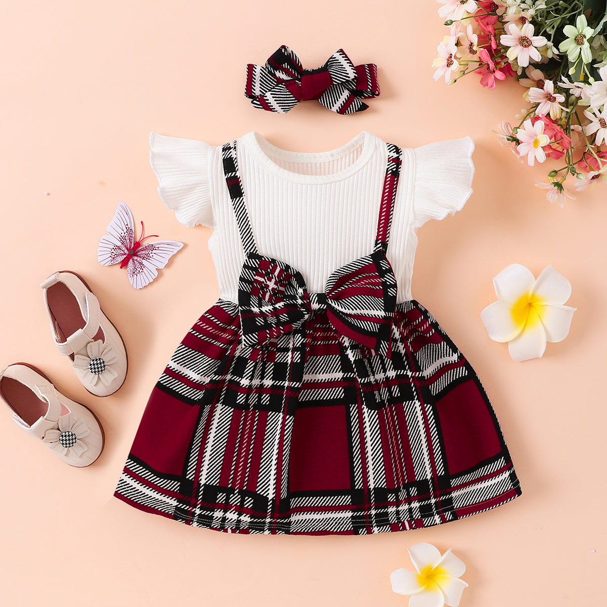 Plaid Print Bow Detail Dress with Headband - 2 PCS - T - 3 COLORS -