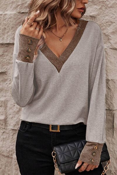 V-Neck Dropped Shoulder Blouse - T - 1 COLOR -