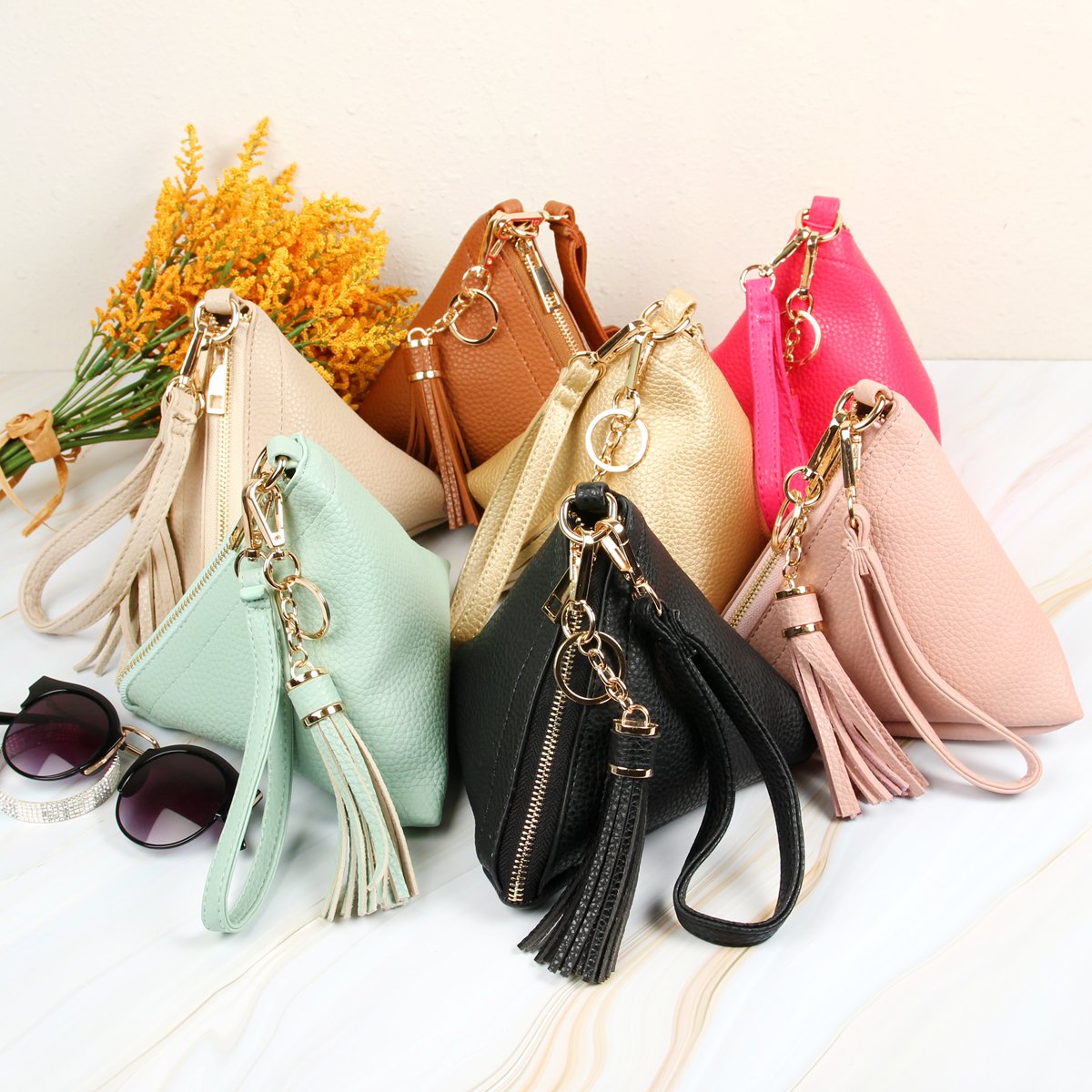 Riah Fashion - Pyramid Shape Tassel Wristlet Leather Bag - 15 COLORS -