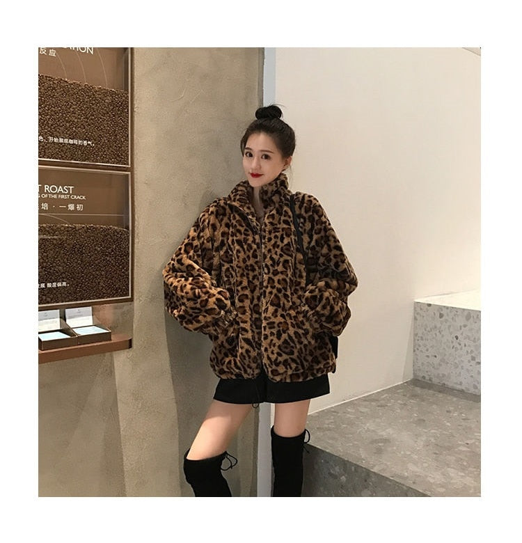 Sharon Tatem - Winter Leopard Print - Stand Collar - Warm Parka - Loose Faux Fur -